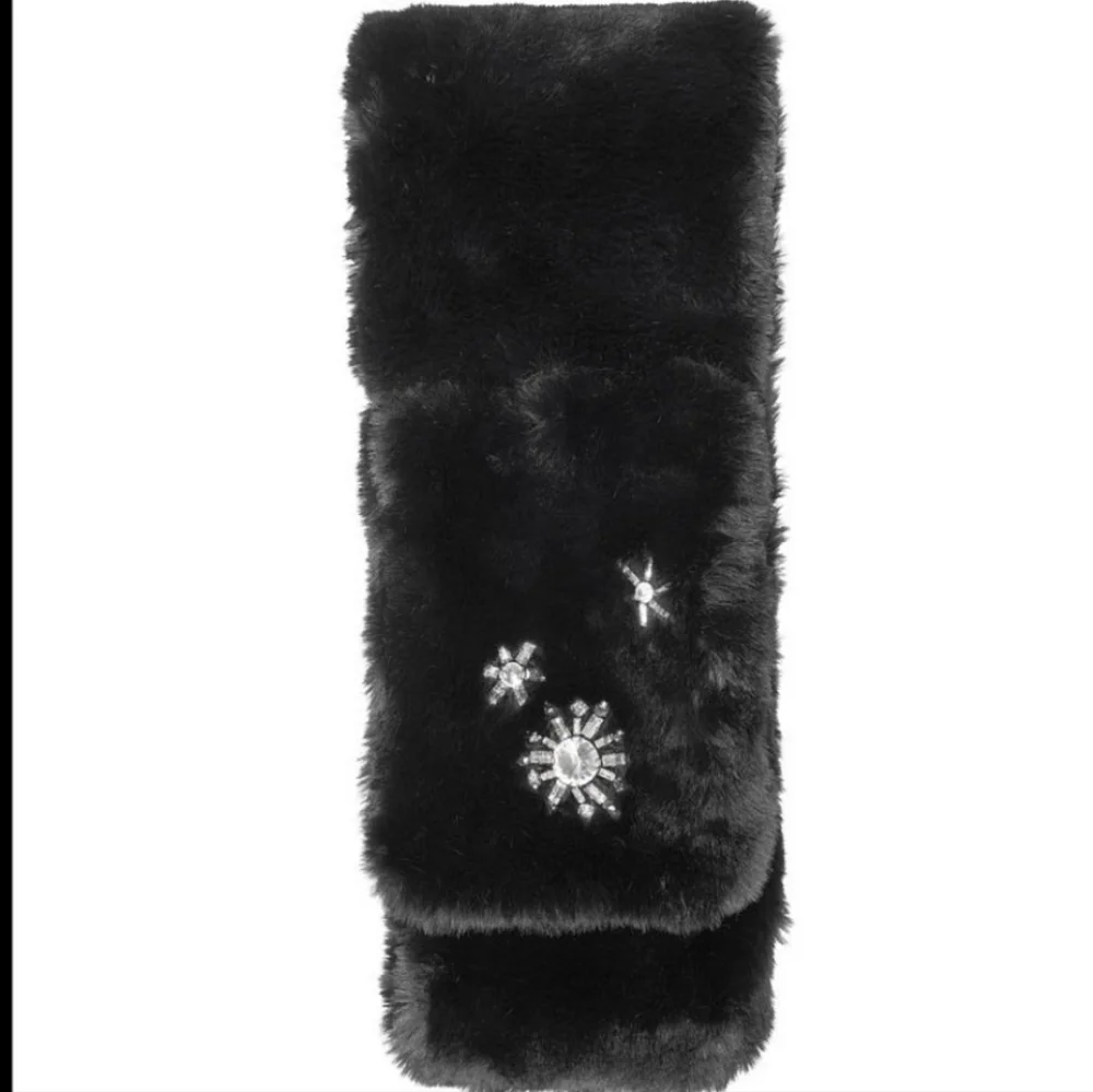 Victoria's Secret Black Faux Fur Scarf-Wrap Rhinestones Glam Retro Detail OS